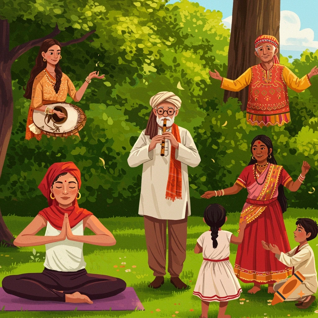 Diverse people practicing yoga, playing music, and dancing in a park.