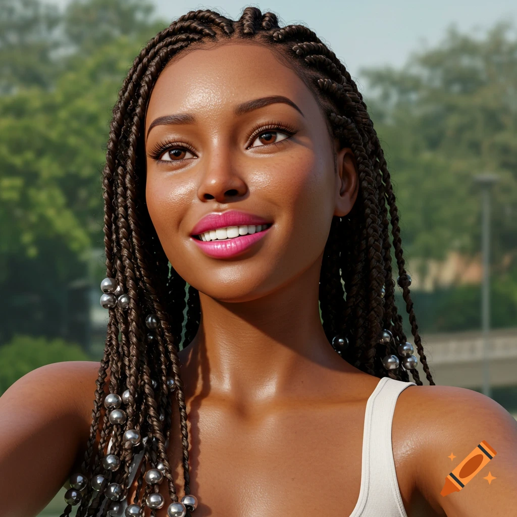 Close-up photorealistic portrait of a woman with braids and beads, smiling