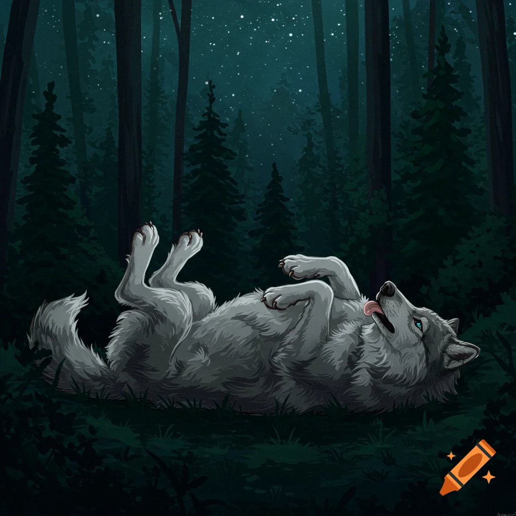 A wolf lies on its back in a starry night forest.