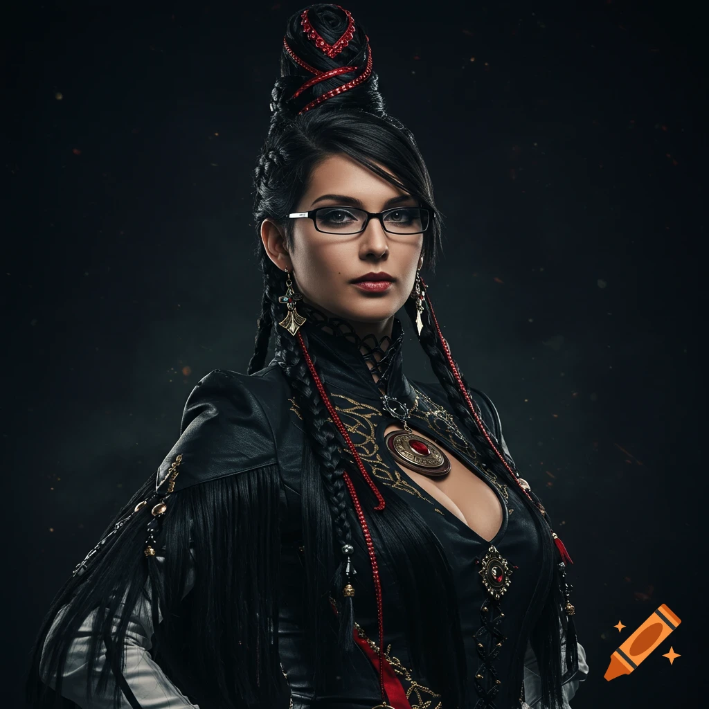 A woman dressed as Bayonetta poses in a dramatic portrait