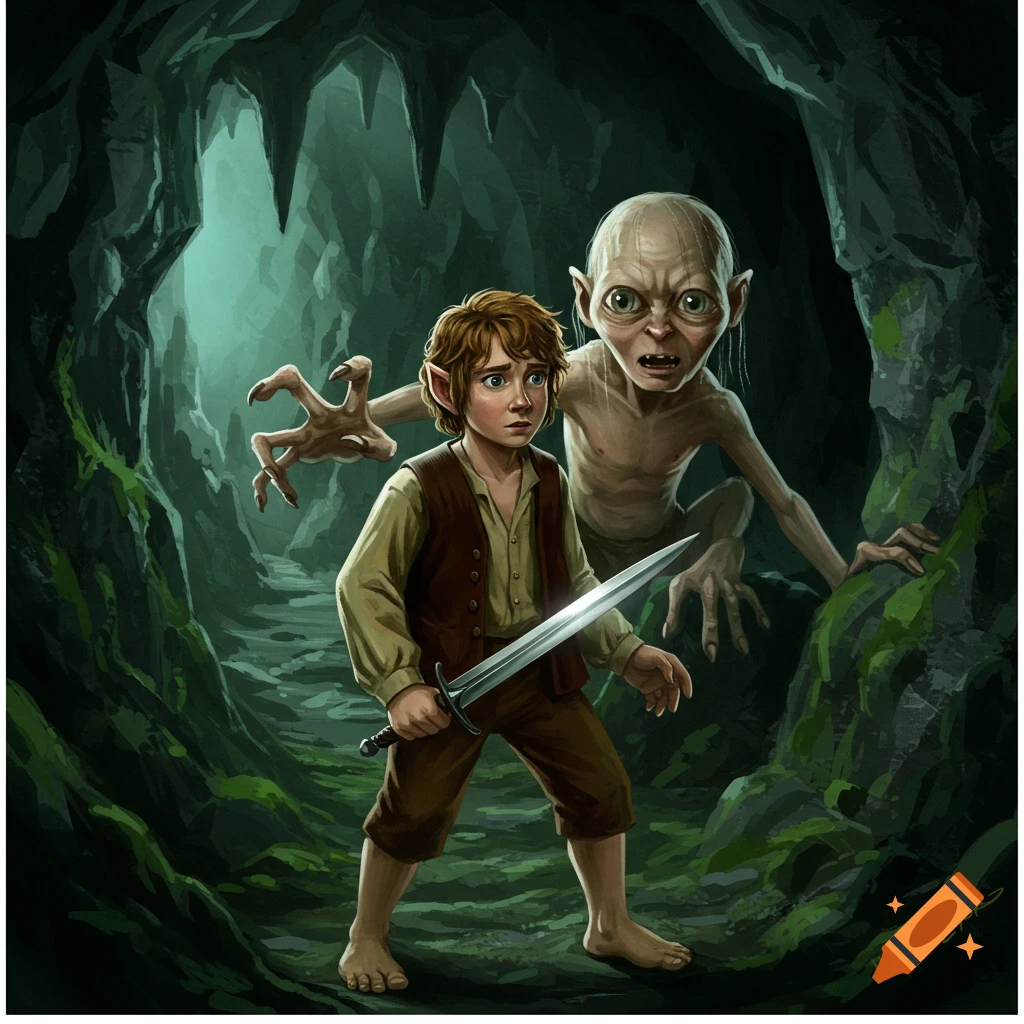 A hobbit with a sword is in a cave, with a gaunt creature looming behind him.