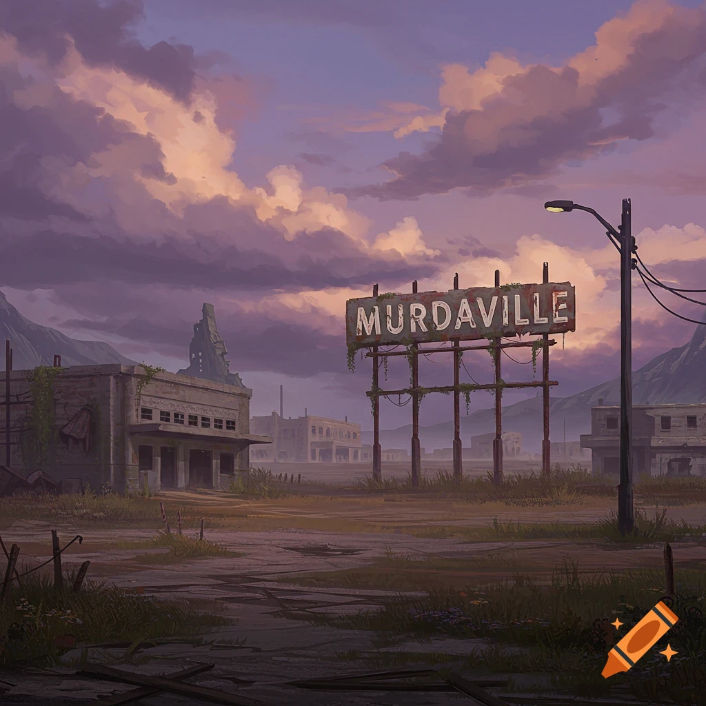 A large sign reading 'MURDAVILLE' stands in a ruined town landscape under a dramatic purple sky.