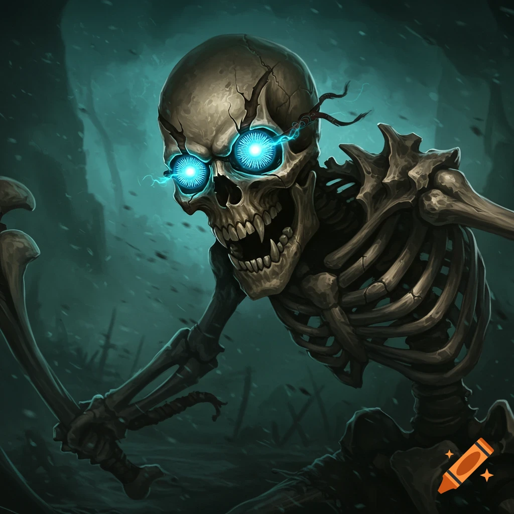 A skeleton with glowing blue eyes is shown in a dark fantasy setting.