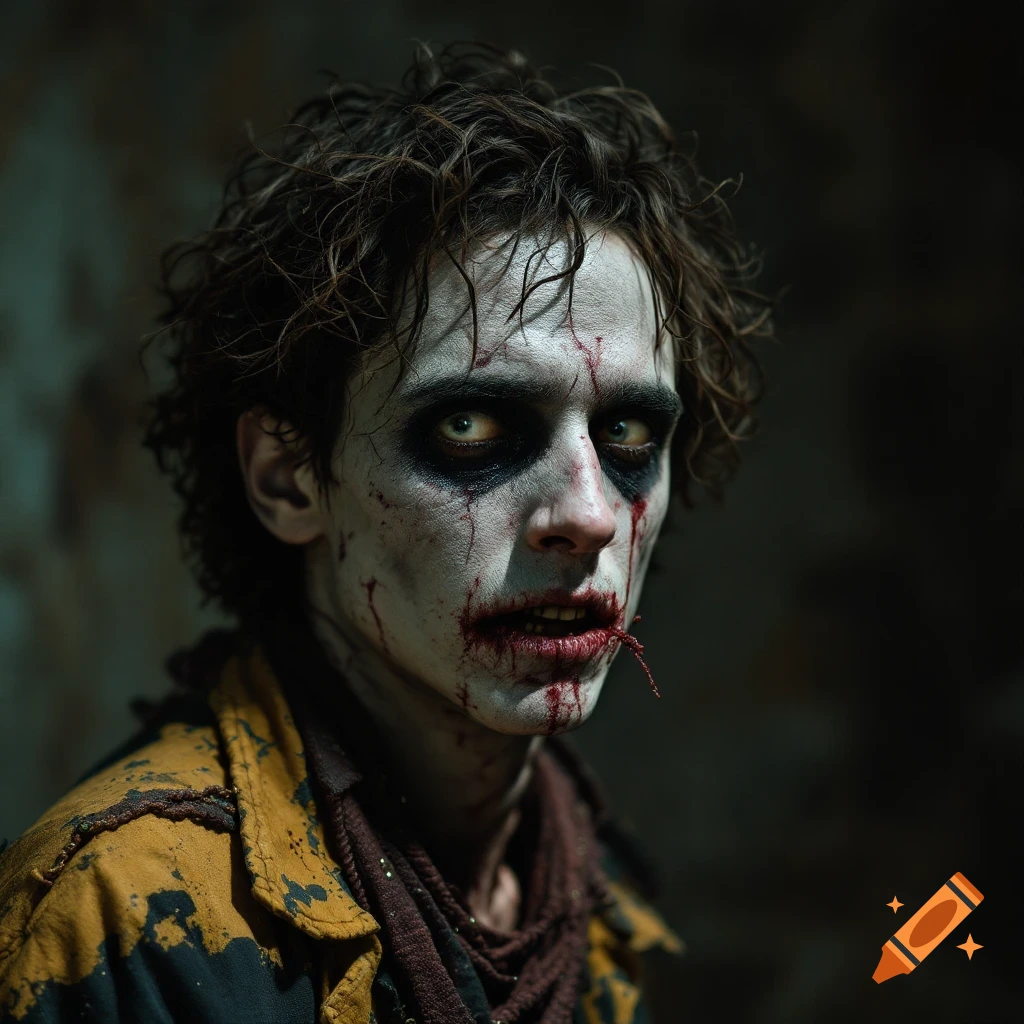 Close-up portrait of a person in zombie makeup with blood around the mouth.
