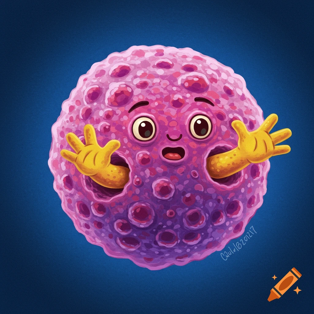 A surprised pink and purple speckled character with yellow hands reaching out