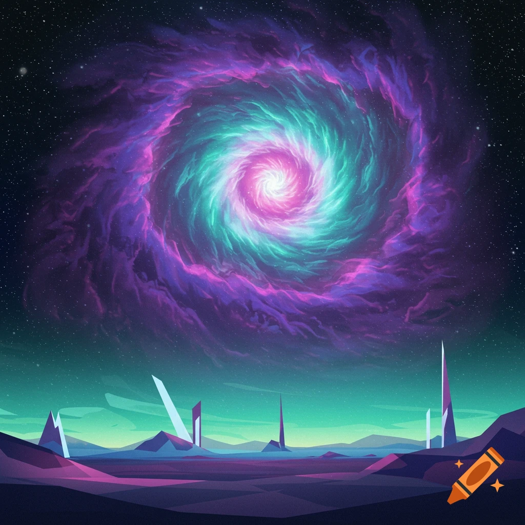 A vibrant pink and teal spiral galaxy or nebula above a stylized futuristic landscape with angular structures.