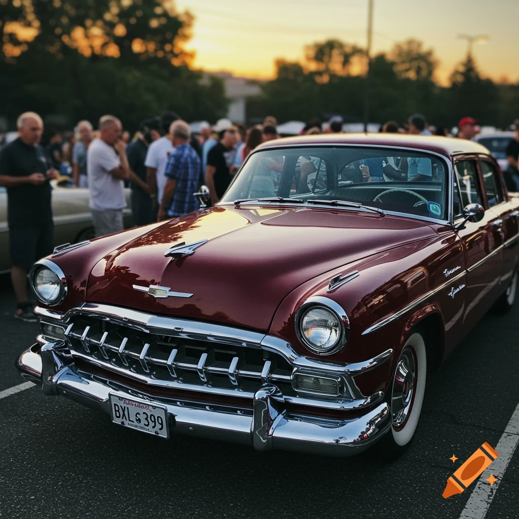 Red vintage car parked in a lot with people and sunset in background