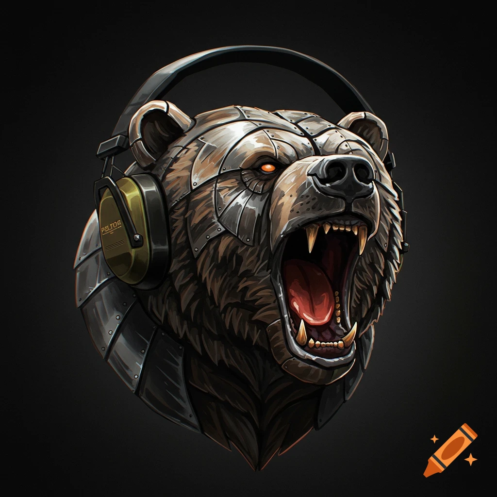Roaring bear head wearing metal armor plates and headphones.