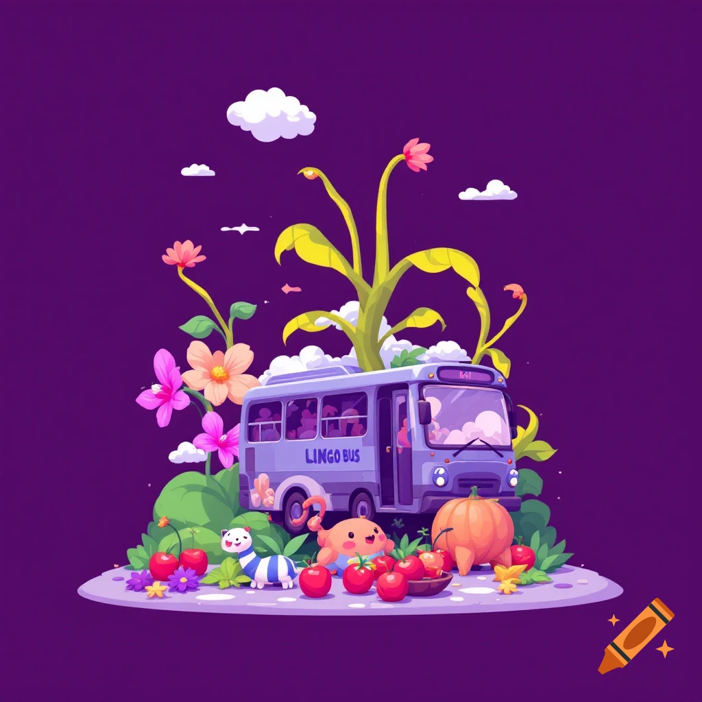 Cartoon illustration of a bus surrounded by large flowers, fruits, and cute creatures.