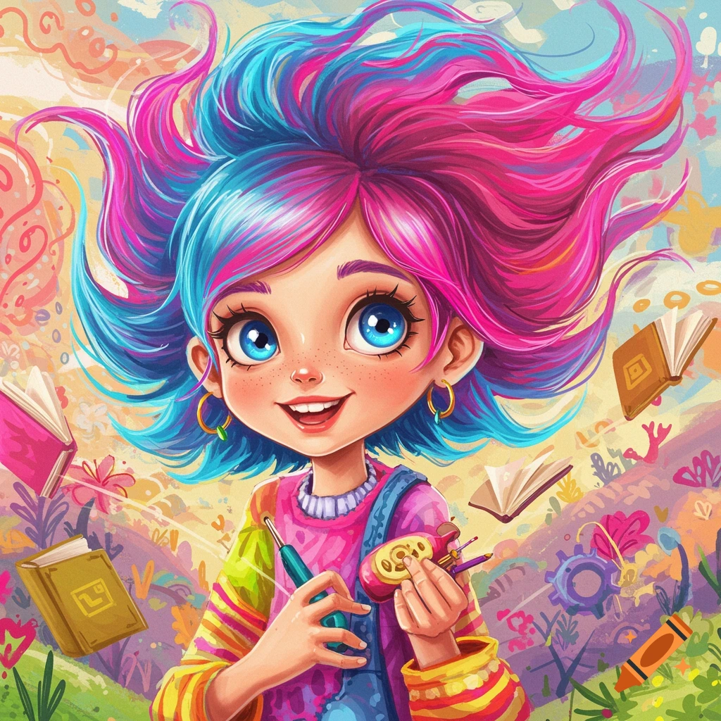 A vibrant illustration of a girl with pink and blue hair holding art supplies, surrounded by floating books and fantastical elements.