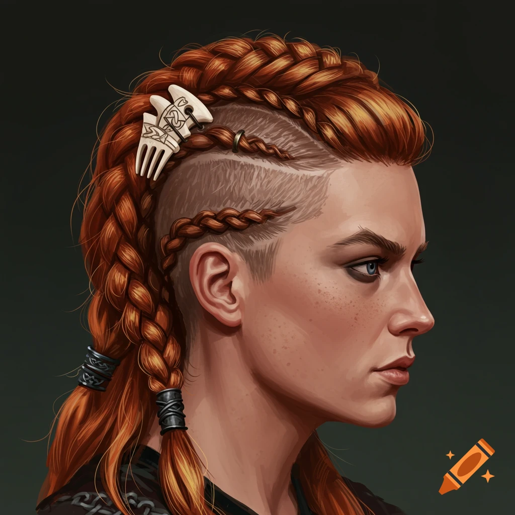Painting of a woman with red braided Viking hair and shaved sides.