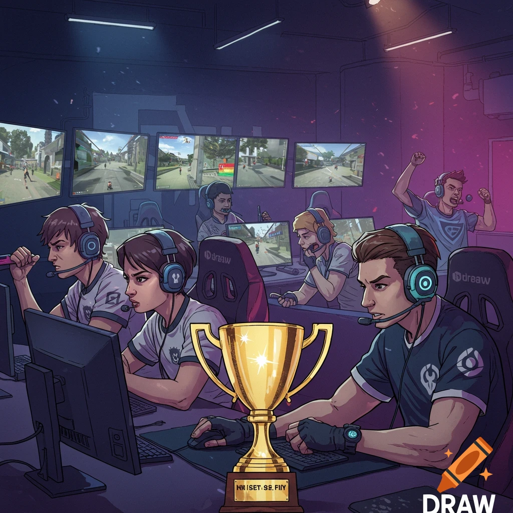 Esports gamers competing with a large gold trophy in the foreground.