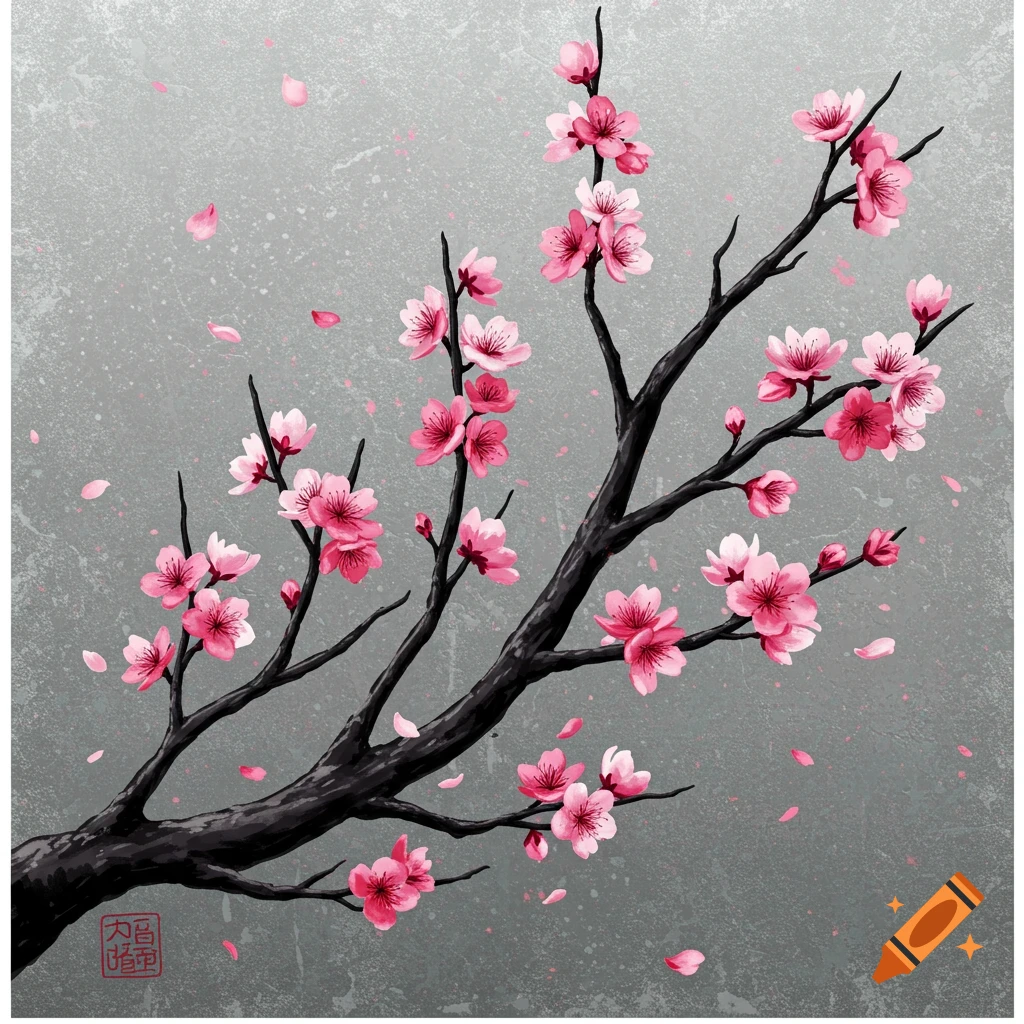 Pink cherry blossoms on dark branches against a textured gray background.