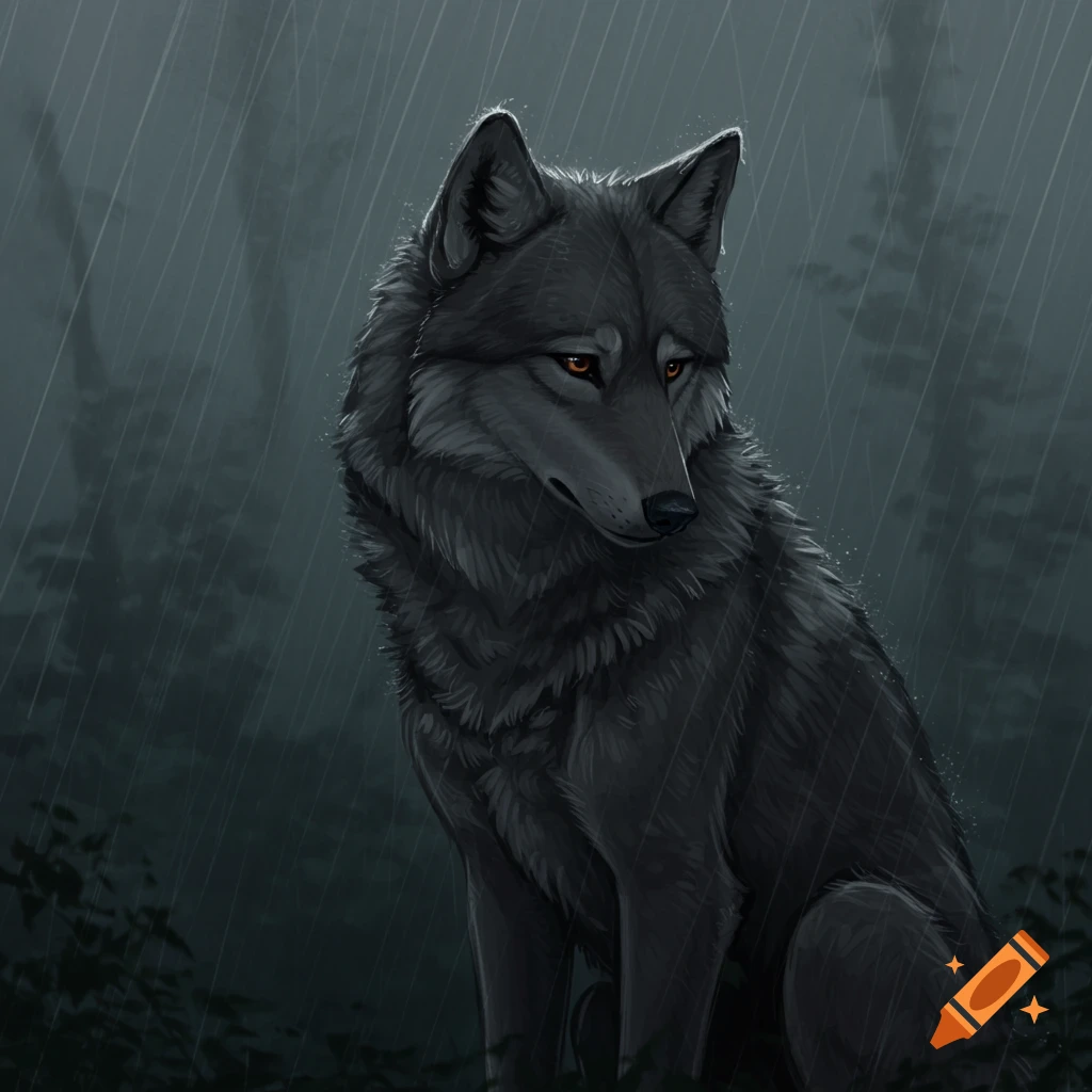 A dark grey wolf with glowing orange eyes sitting in the rain