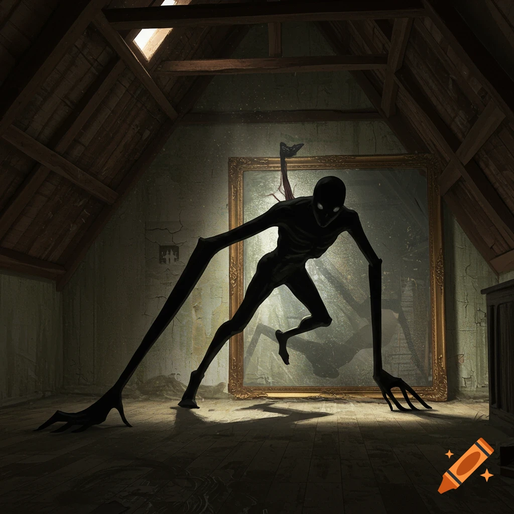 A creepy creature with long limbs is in a dusty attic, crawling from a mirror.