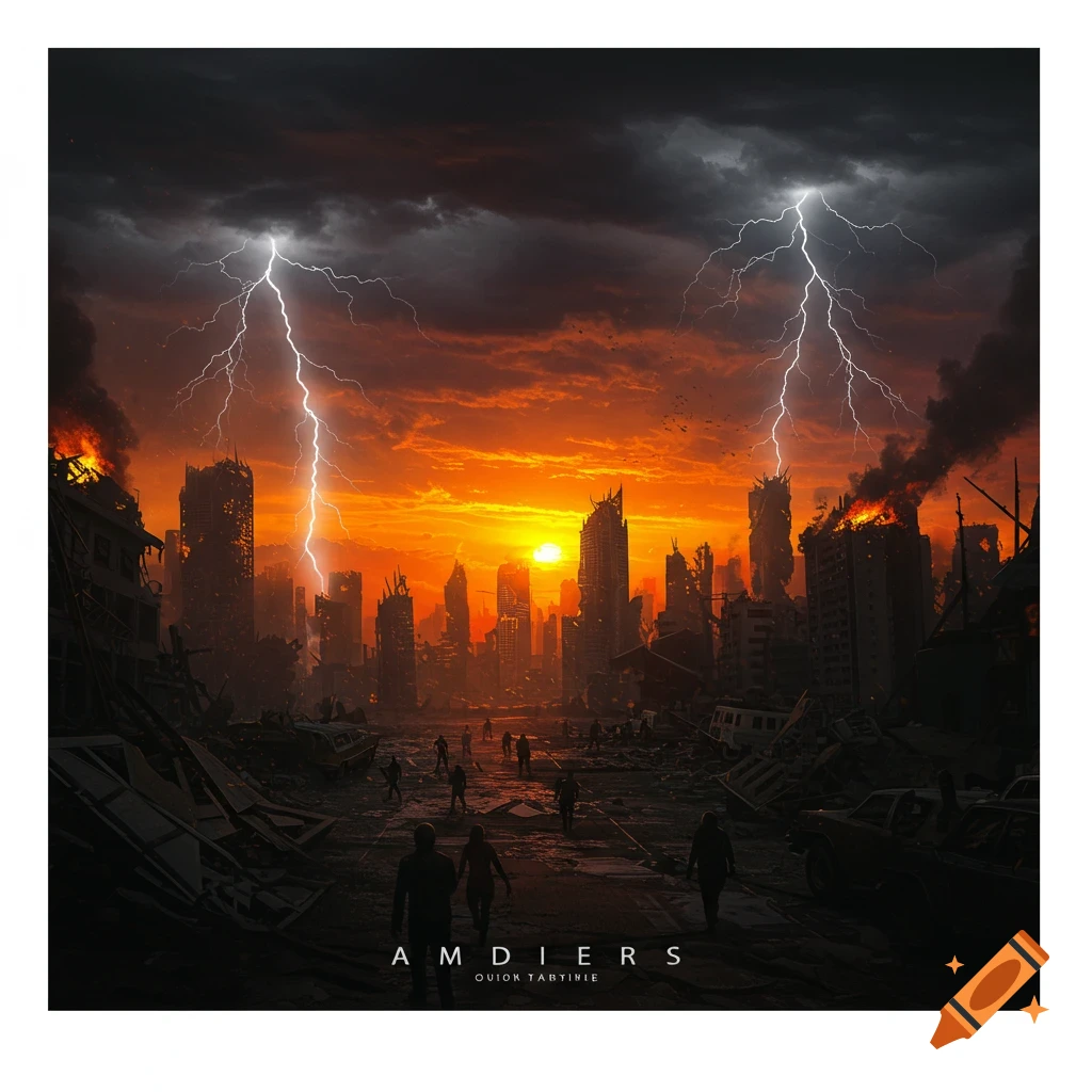 A destroyed city at sunset with lightning and figures walking through rubble.