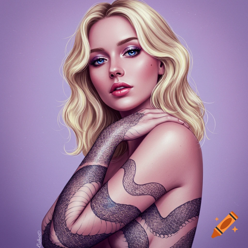 A blonde woman with blue eyes and snake scale texture on her arms, on a purple background.