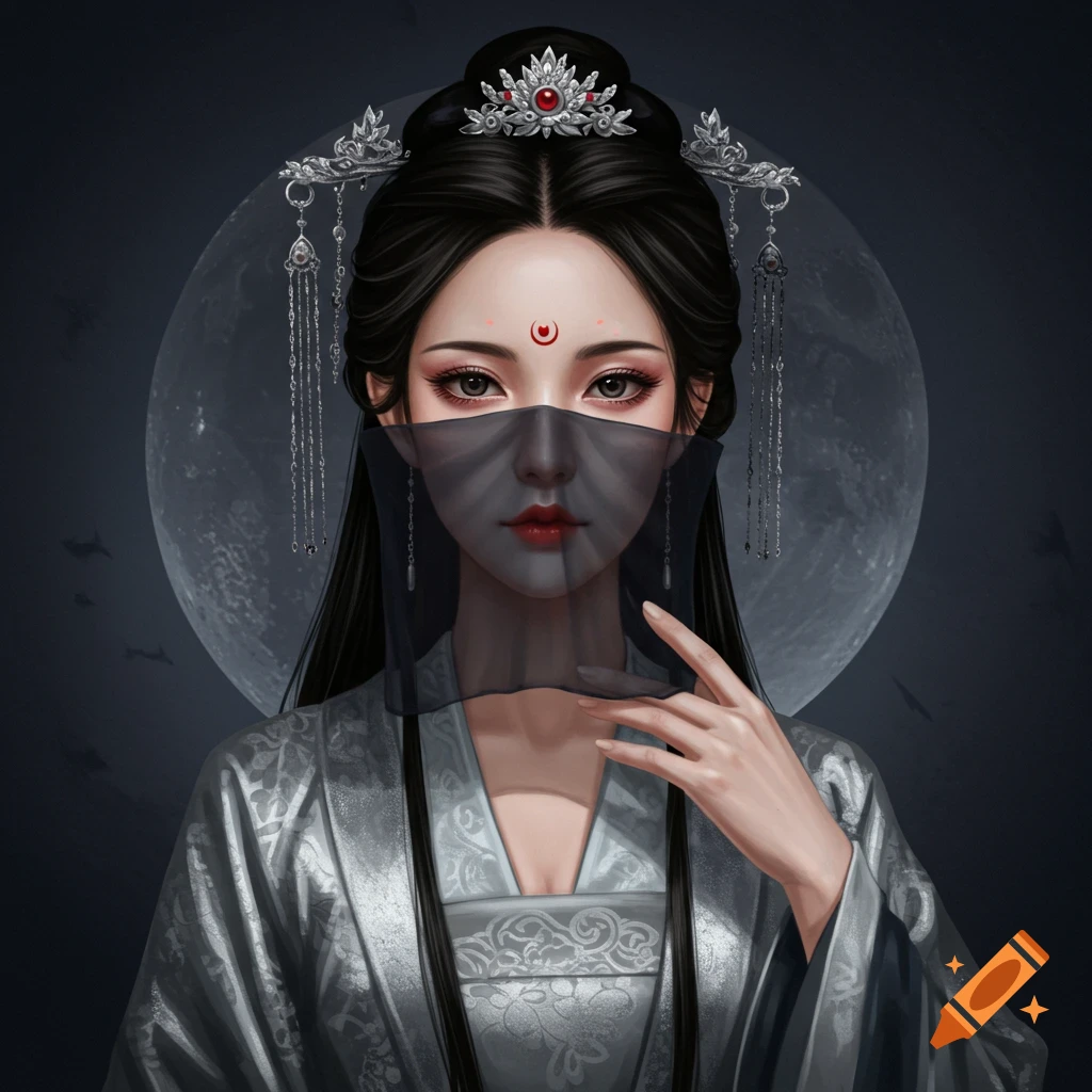 A woman in traditional clothing with a black veil stands in front of a moon.