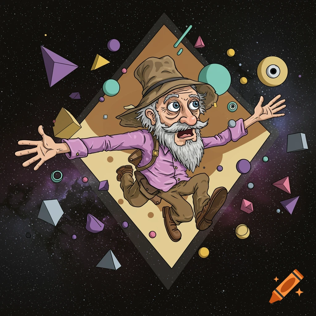 Cartoon old man with hat and beard floating in space among abstract geometric shapes.