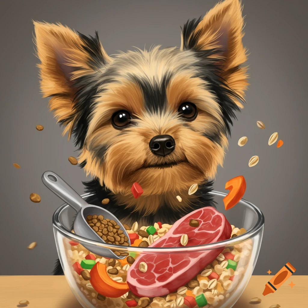 A yorkie terrier looking at a bowl of food with meat and vegetables.