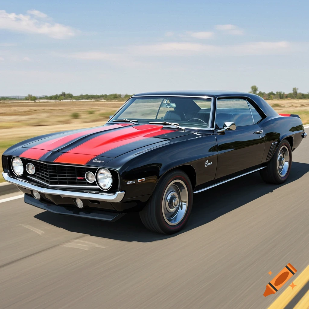 A black classic Camaro with red racing stripes driving on a road