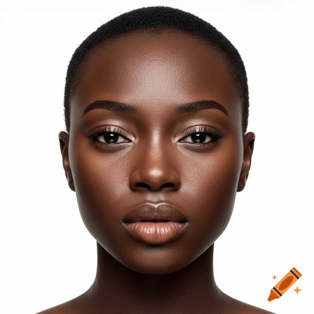 Close-up studio portrait of a young Black woman with visible skin texture and face highlights on a white background.