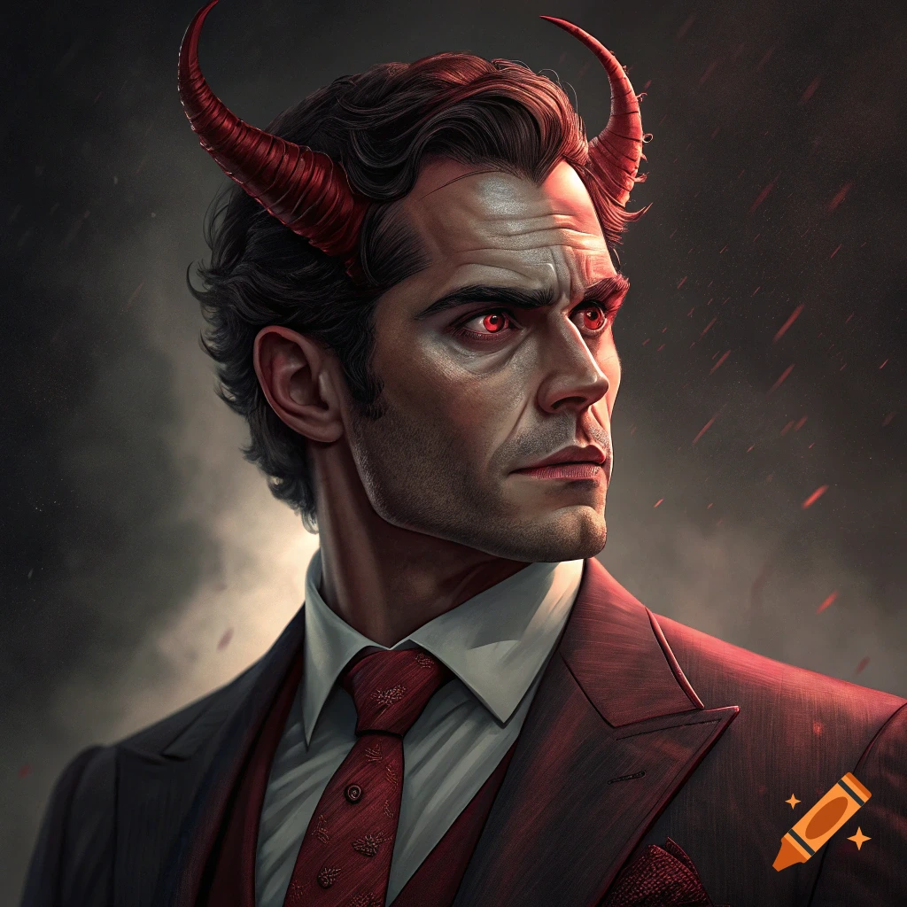 Portrait of a man with red horns and eyes wearing a suit and tie.
