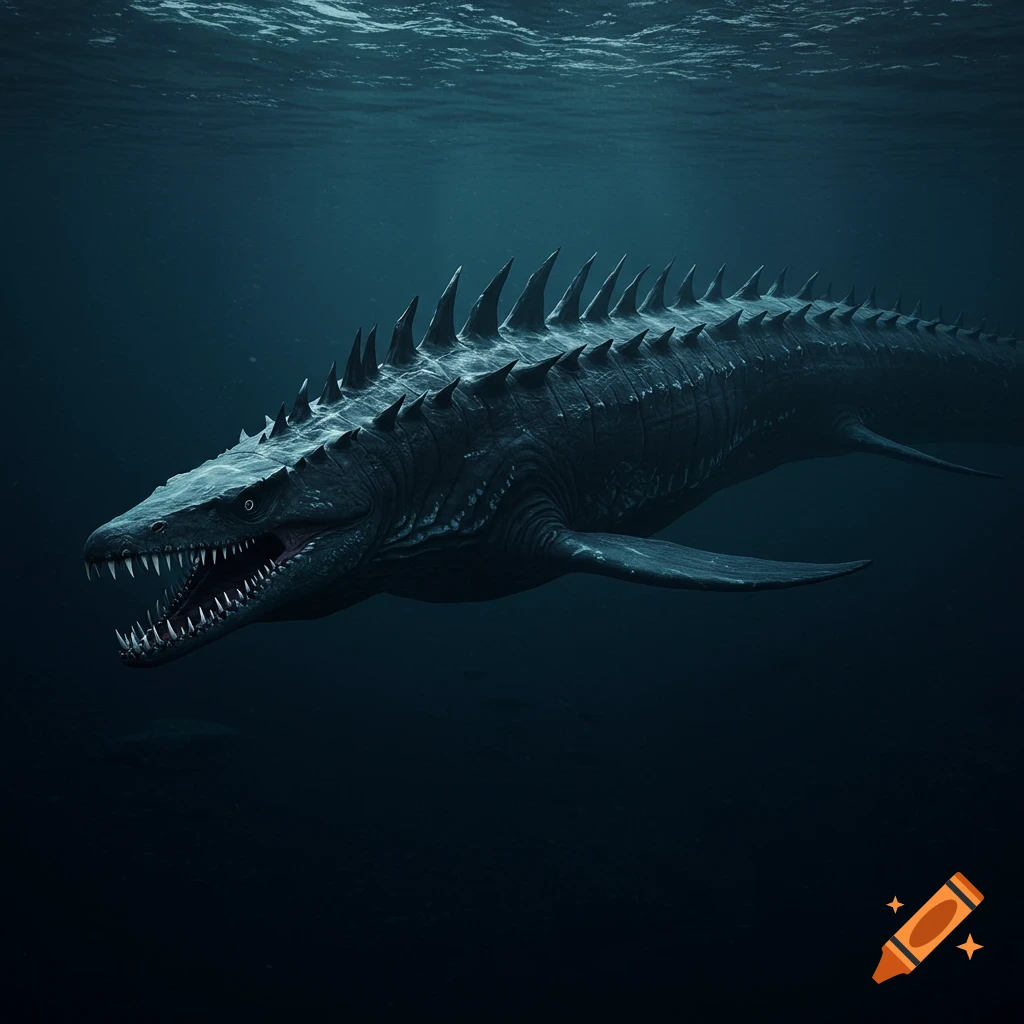 A large, dark sea monster with spikes along its back and sharp teeth swims underwater.