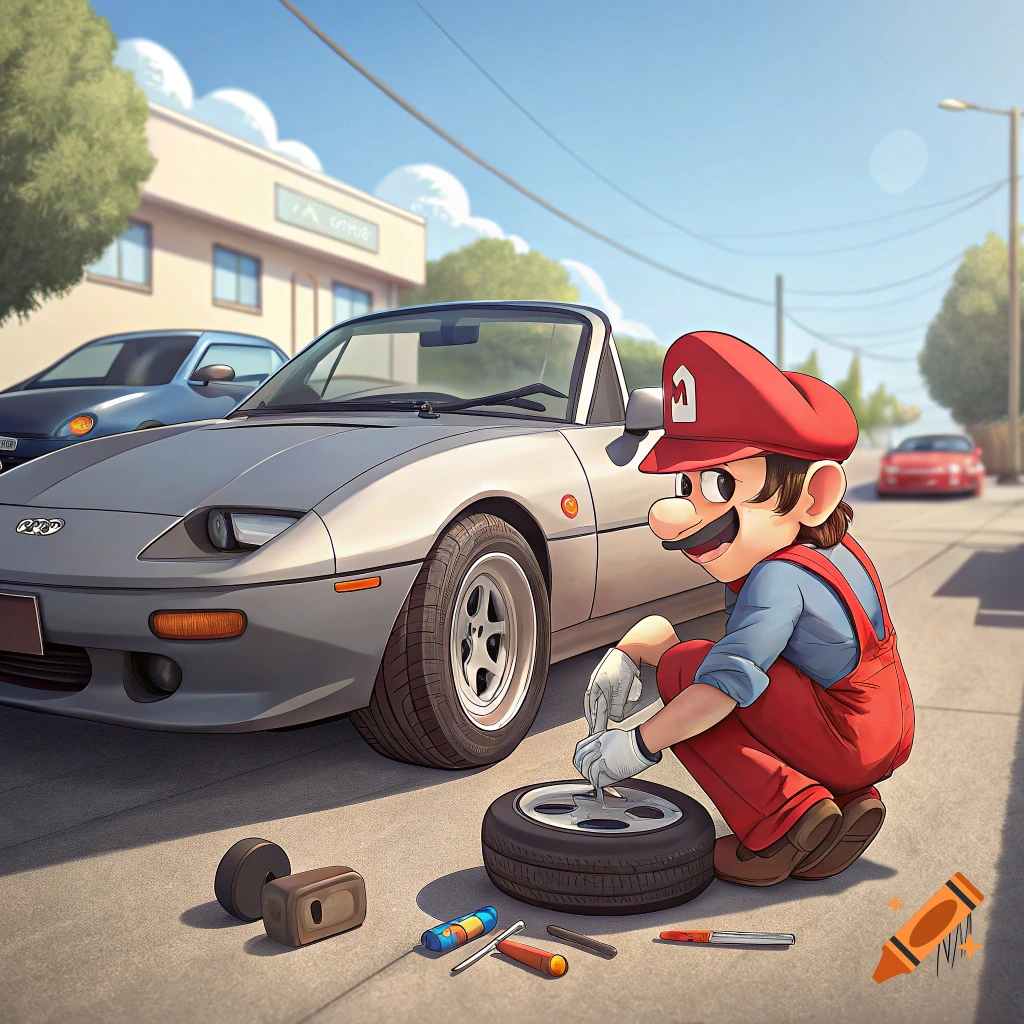 Illustration of Mario changing a tire on a grey Mazda MX-5 on a sunny street.