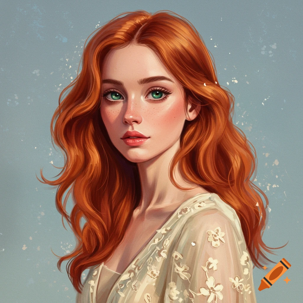A portrait of a red-haired woman with green eyes in a sheer dress against a blue background.