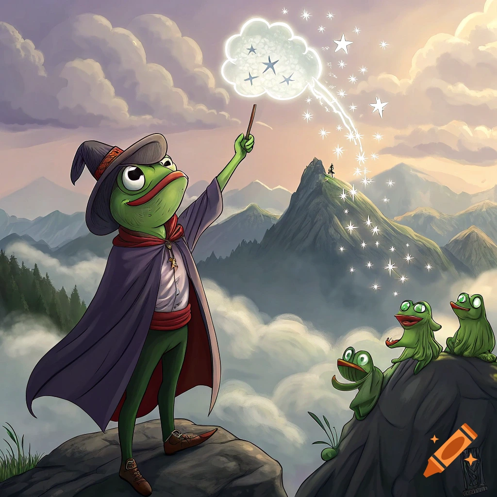Cartoon frog wizard casts magic cloud on a mountain with other frogs watching.