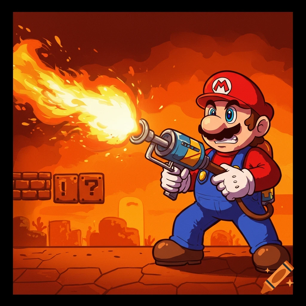 Cartoon of Mario holding a flamethrower in a fiery Super Mario level.