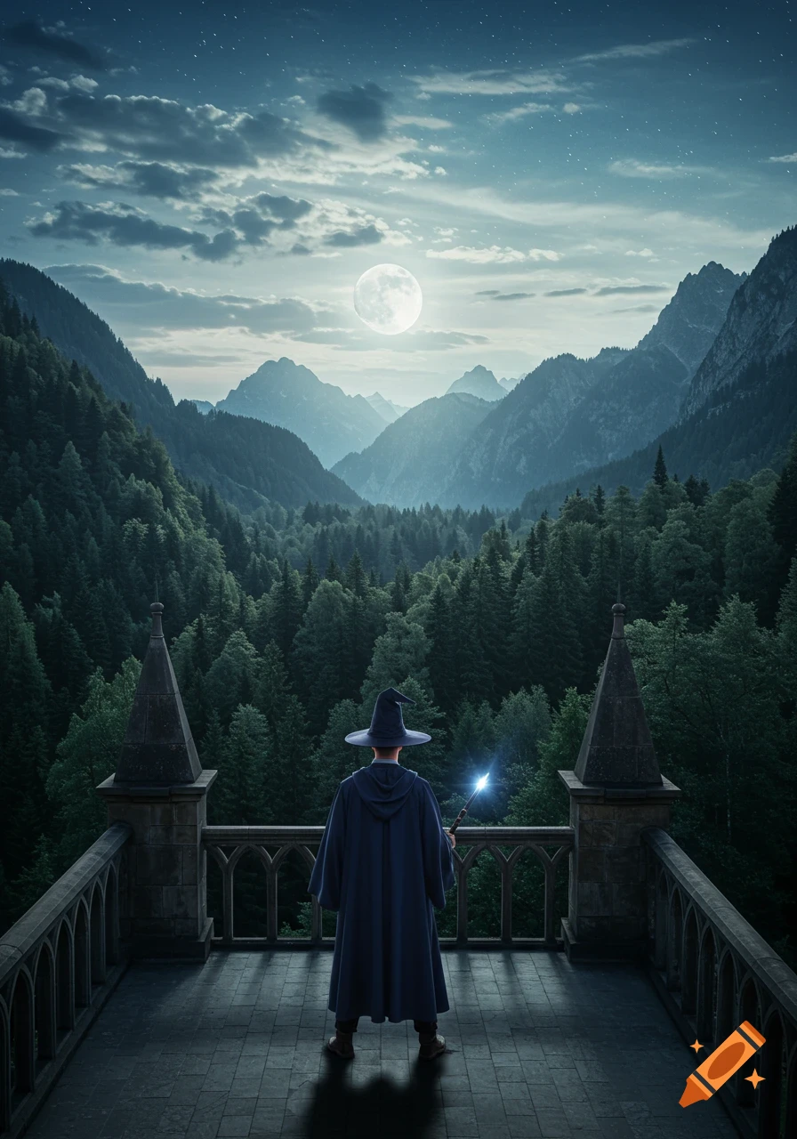 A wizard stands on a balcony overlooking a forest and mountains under a full moon.