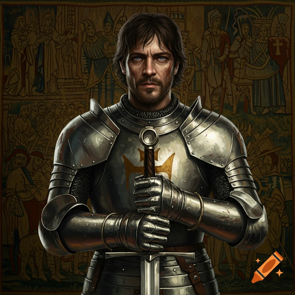 A knight in full plate armor holding a sword in front of a tapestry.