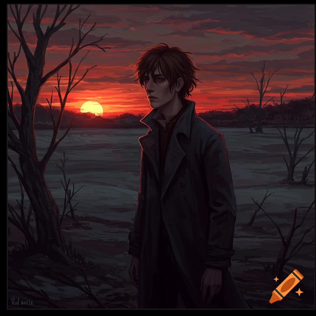 A somber person in a coat stands in a barren landscape at sunset.