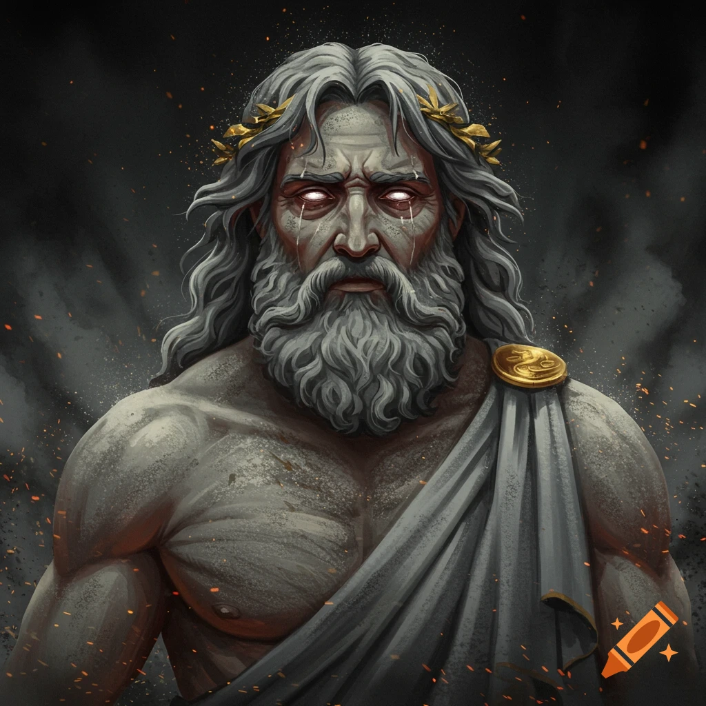 Zeus covered in ash, with glowing eyes and a laurel wreath.