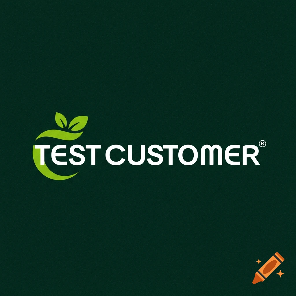 Green logo with text 'TEST CUSTOMER' and leaf icon on dark background