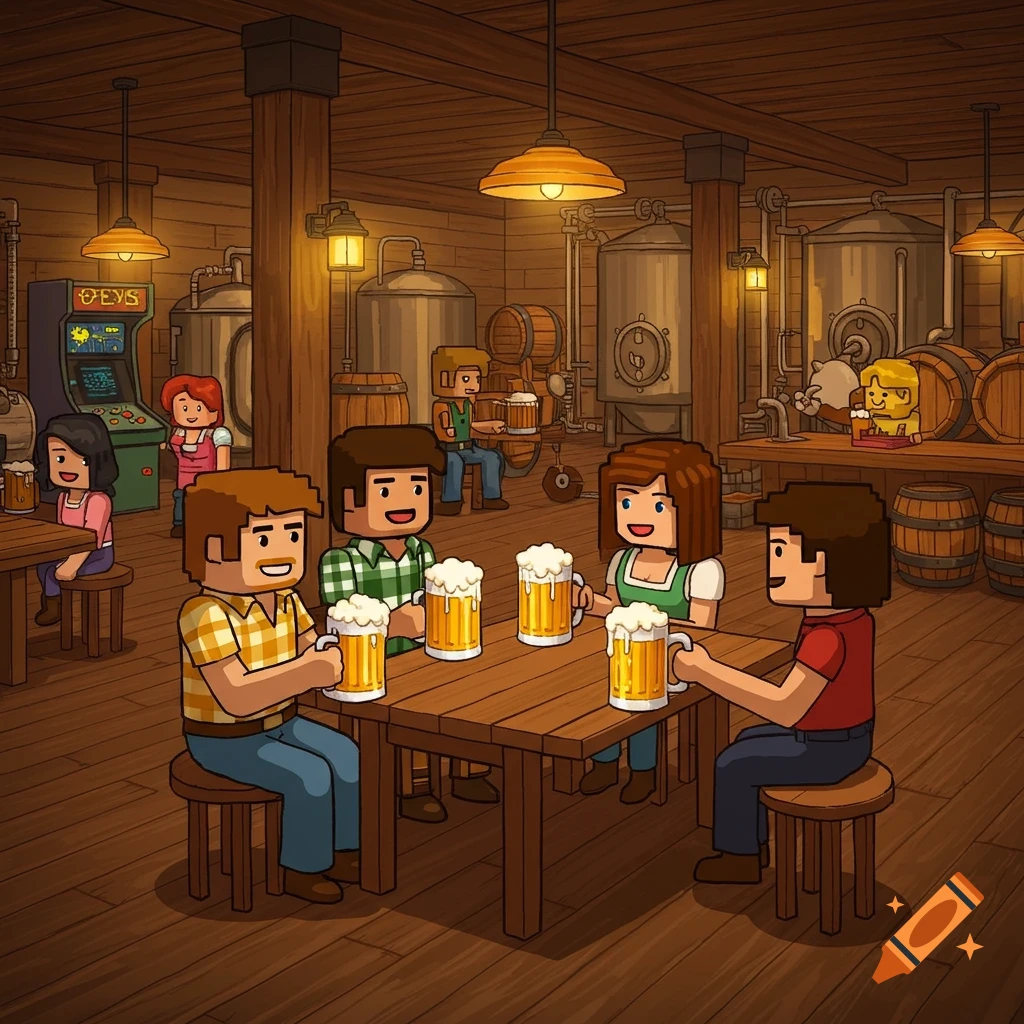 Pixel art characters drink beer in a brewery with tanks and barrels.