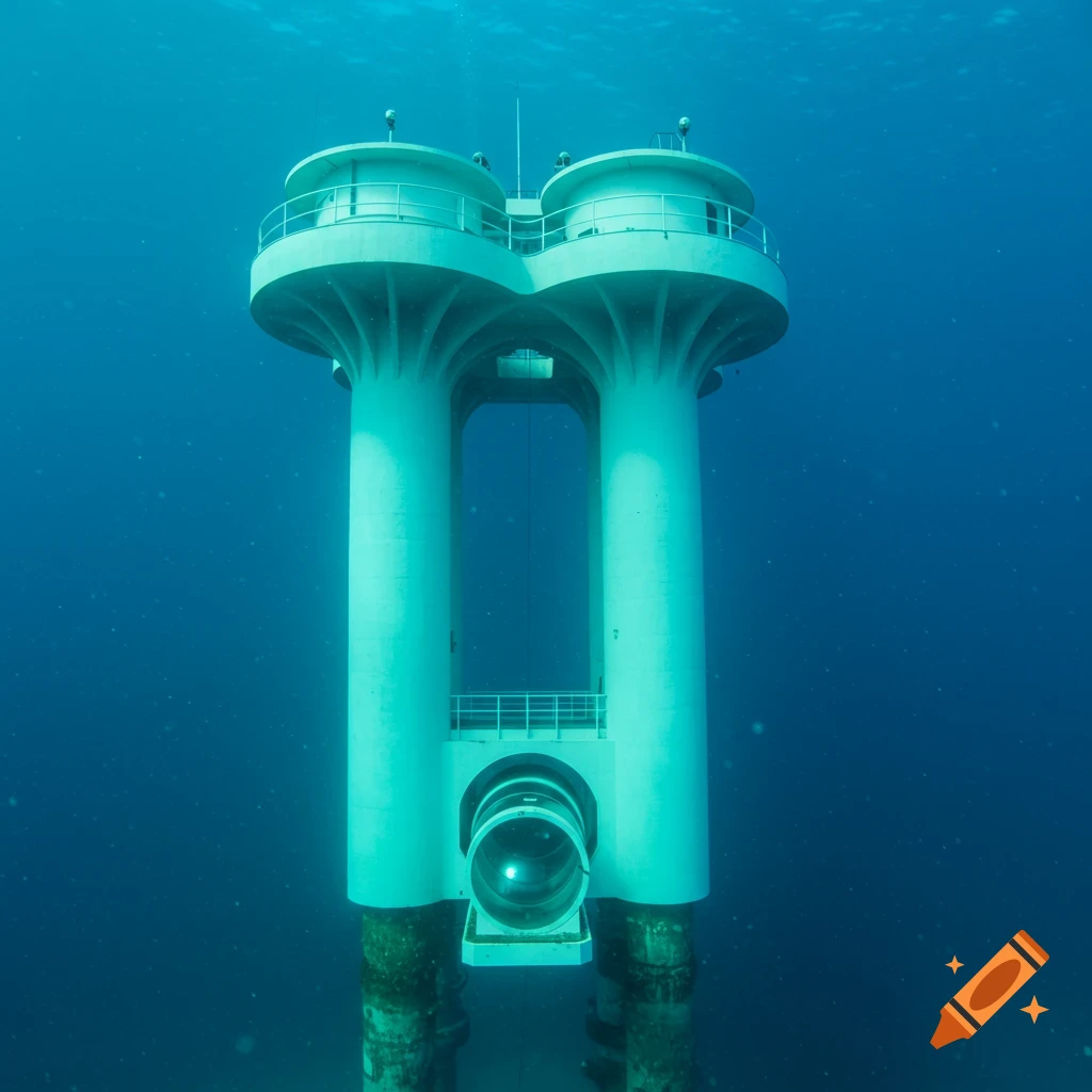 Photorealistic image of a white underwater tower with connected cylinders in deep blue water.