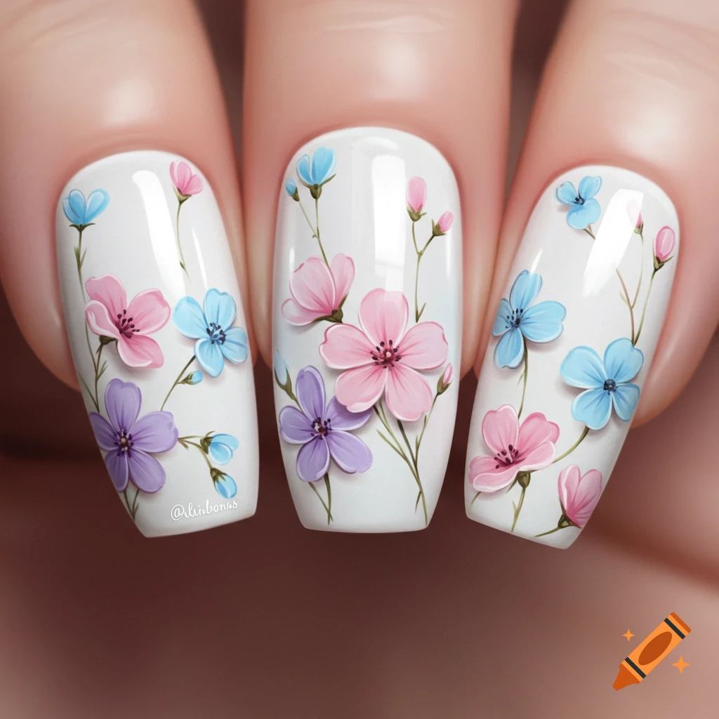 White nails with pastel pink, blue, and purple flower nail art.