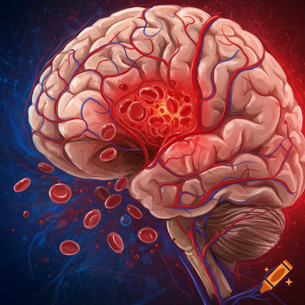 Brain showing blood vessels and blood cells, representing a stroke.