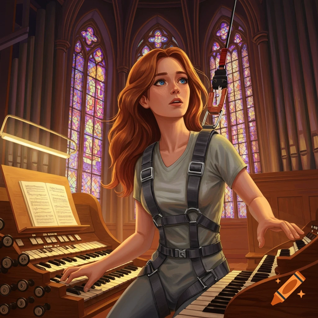 A young woman playing an organ in a large building with stained glass windows.