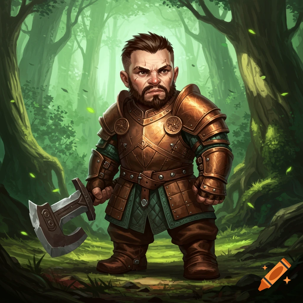 A dwarf warrior in golden armor holding an axe in a green forest.