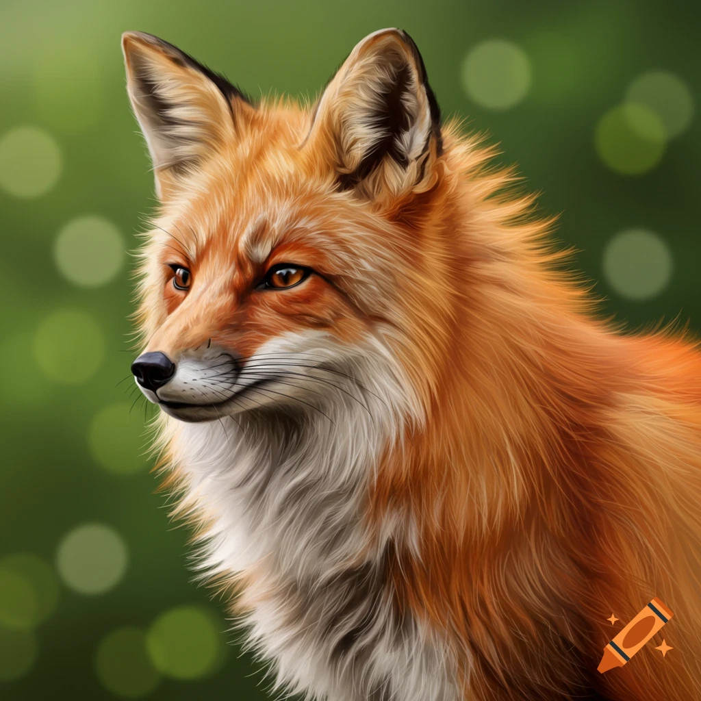 A close-up of a red fox's head and shoulders against a green background.