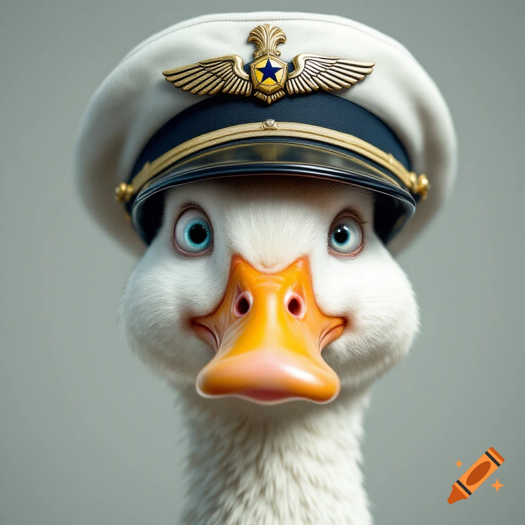 Close-up portrait of a duck wearing a pilot hat with a silly expression.