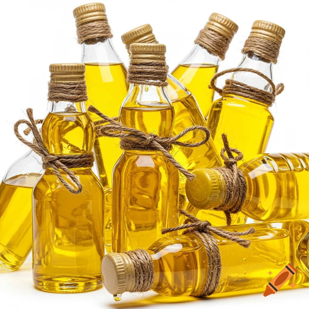 Close-up photo of glass bottles filled with golden oil, tied with twine, against a white background.