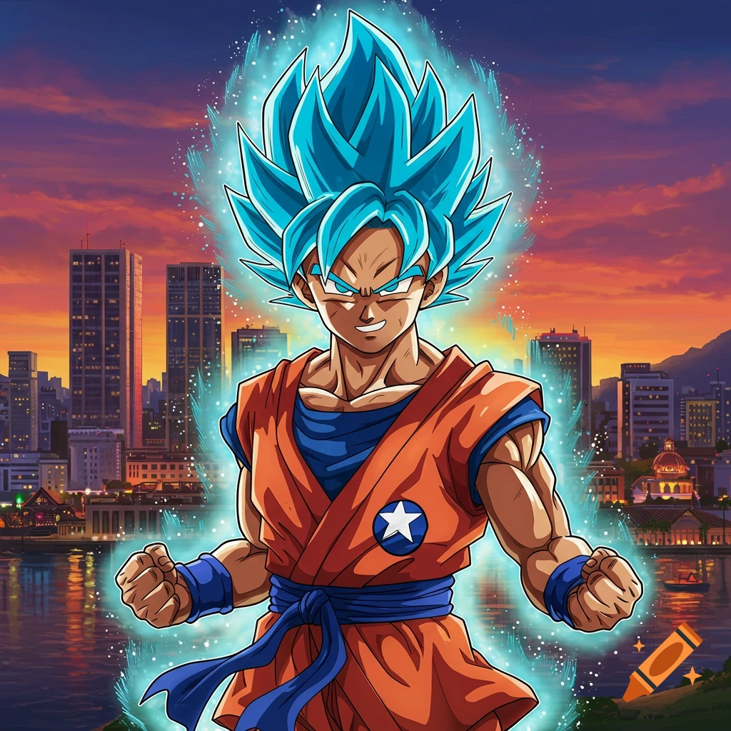 An anime character resembling Goku in Super Saiyan Blue form stands in front of a city skyline at sunset.