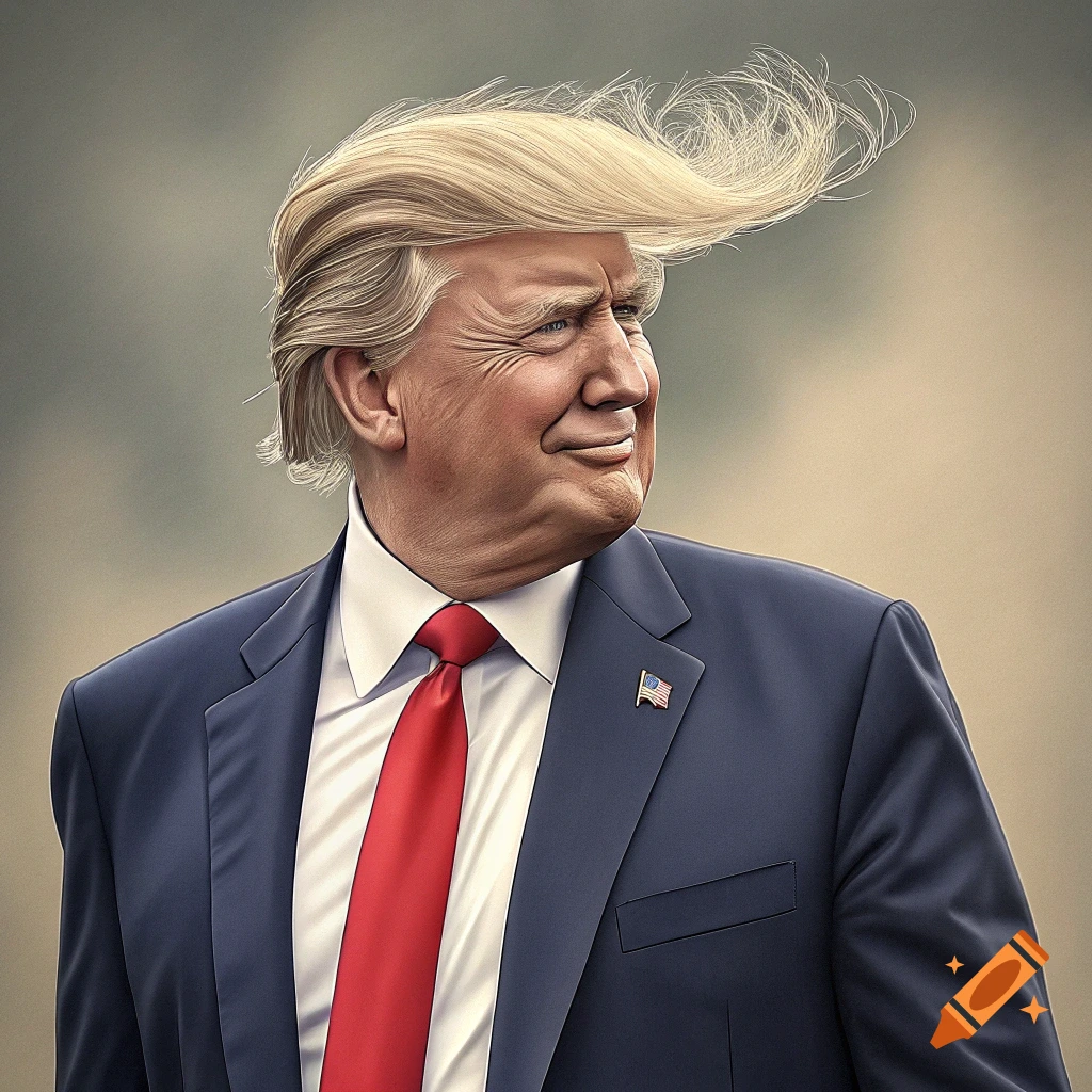Portrait of Donald Trump in a suit and red tie, with windblown hair.