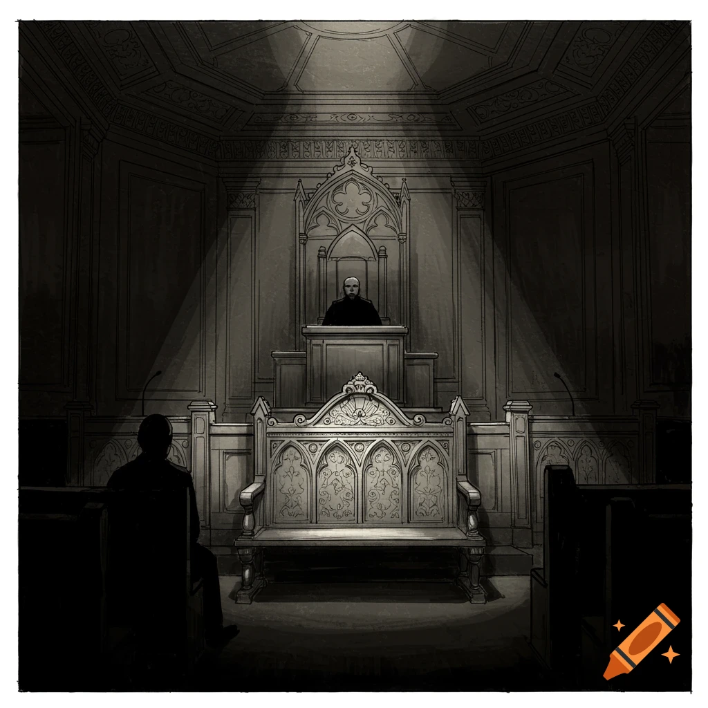 Illustrated scene of a dimly lit courtroom with a judge on a platform and a person seated on a bench.