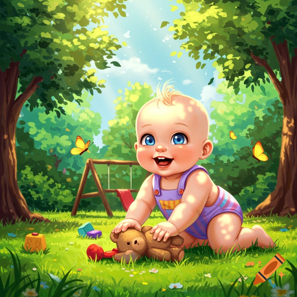 A joyful baby is crawling in a sunny park, playing with a teddy bear near a swing set. Butterflies flutter around.